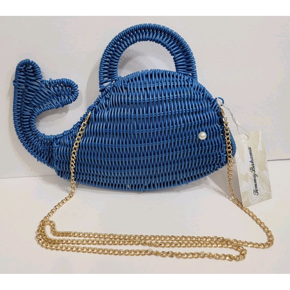 Tommy Bahama Blue Whale Wicker Woven Crossbody Bag Gold Chain Coastal Nautical